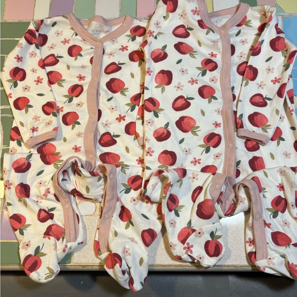 2 sets of Floral and Apple Baby Footed Pajamas